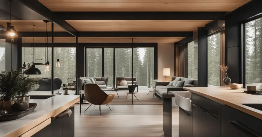 Experience the tranquility of minimalist modern cabin interiors.