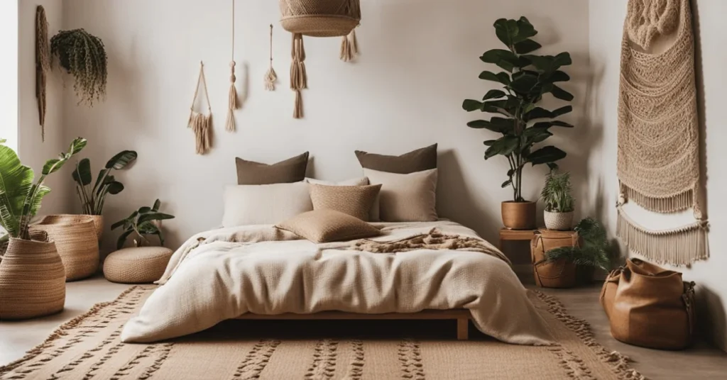 Natural textures and earthy tones in this Boho Minimal Bedroom.