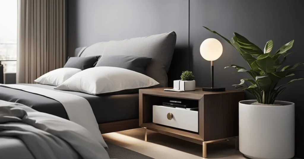 Transform your sleep space with a minimalist modern bedside table.