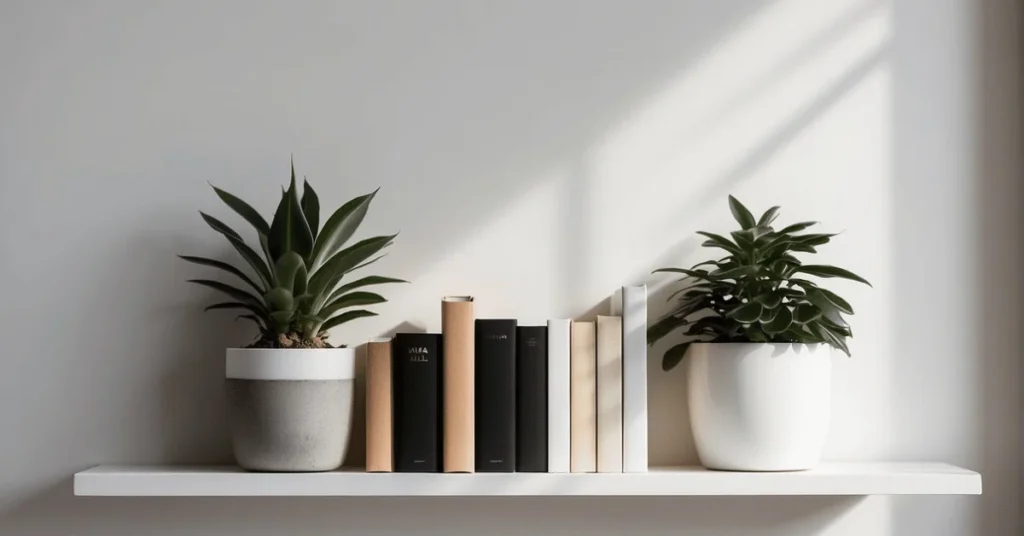 Unveil the art of decluttered beauty with minimalist shelf decor.