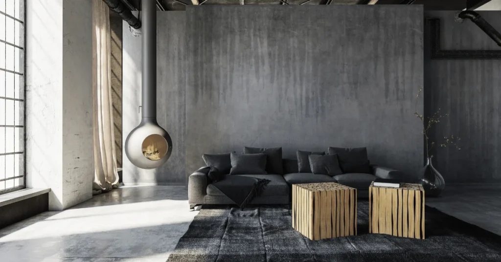 Savor the spaciousness of a minimalist modern high ceiling living room.