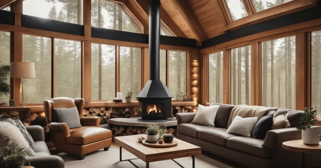 Minimalist modern cabin interior: Where coziness meets elegance.