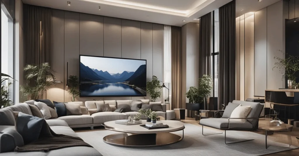 The art of simplicity in a minimalist modern high ceiling living room.