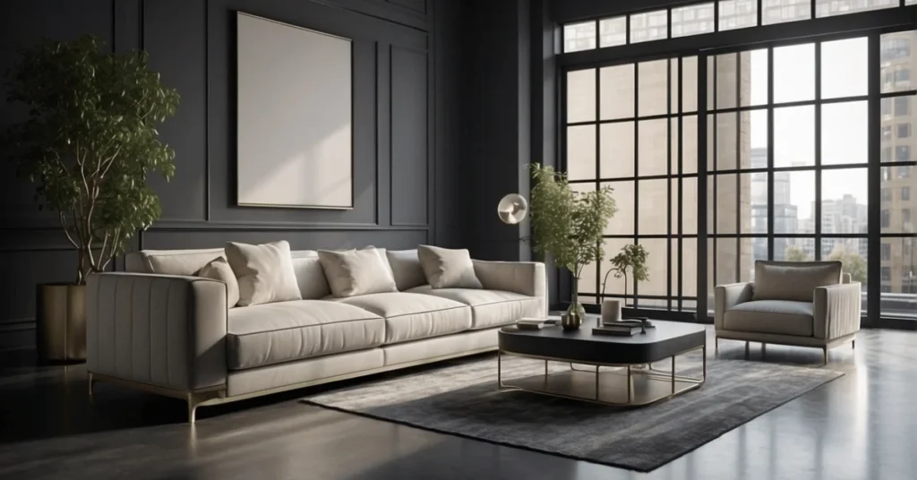Discover the elegance of a modern minimalist sofa in this room.