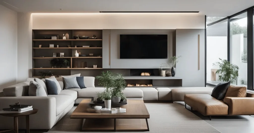 Unleash the potential of a minimalist modern high ceiling living room.