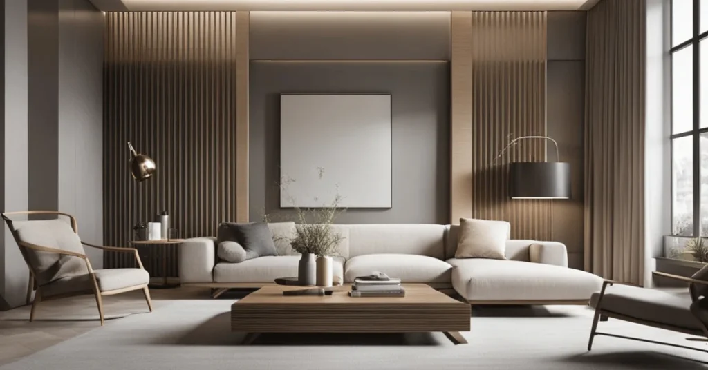 Discover the essence of a minimalist modern high ceiling living room.