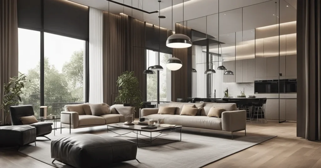 Minimalist aesthetics shine in this minimalist modern high ceiling living room.