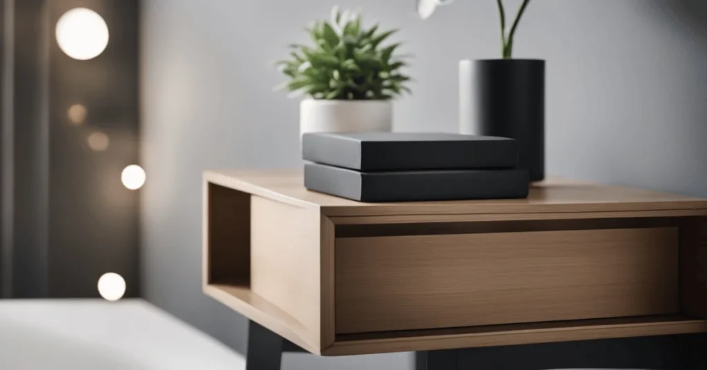 Create a serene sleep space with a minimalist modern bedside table.