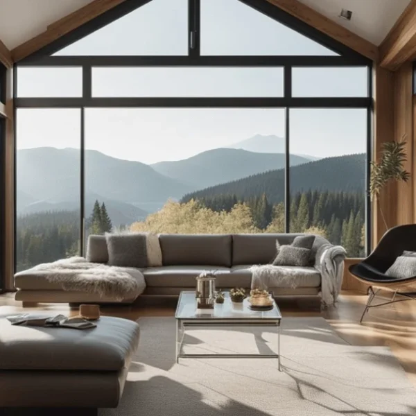 Embrace the serene vibes of minimalist modern cabin interior.