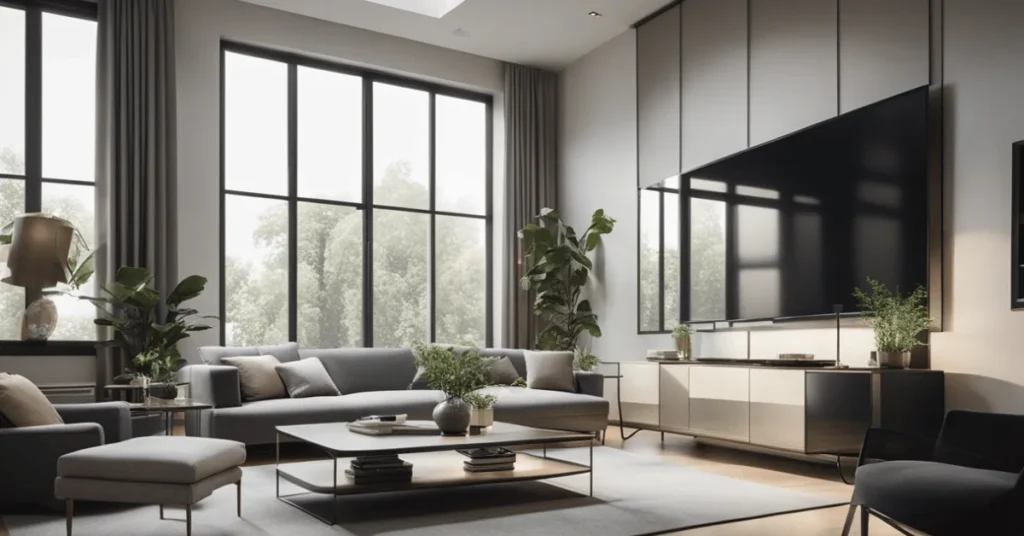 Simplicity meets grandeur in this minimalist modern high ceiling living room.