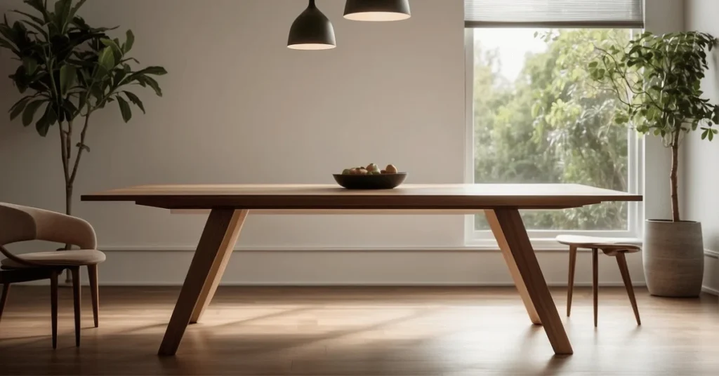 Create a stylish ambiance with a modern wooden dining table.