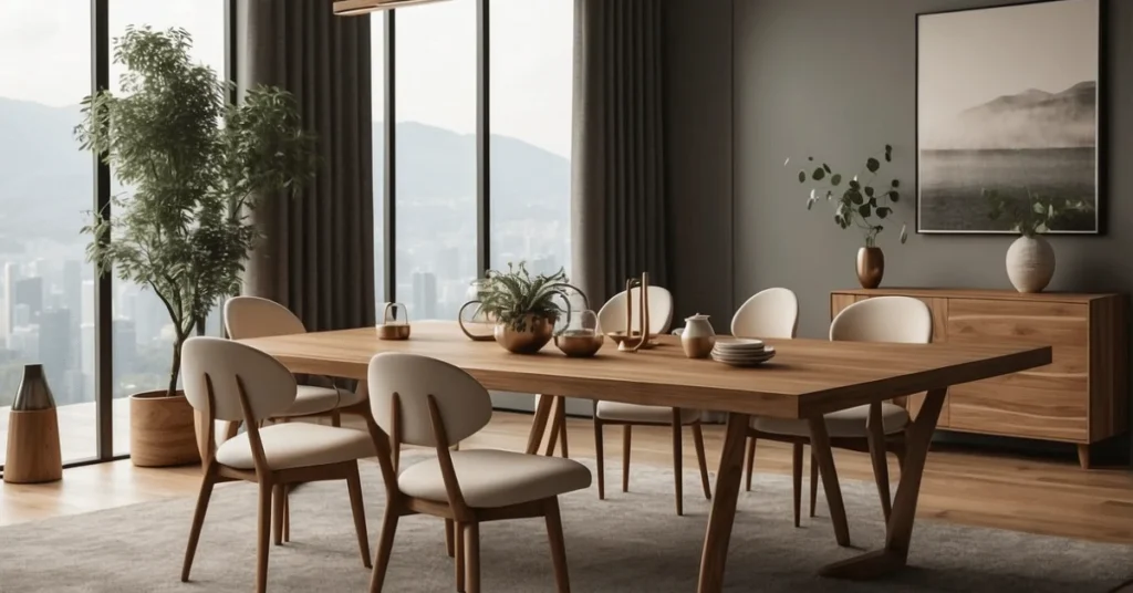 Explore the sleek design of a modern wooden dining table.