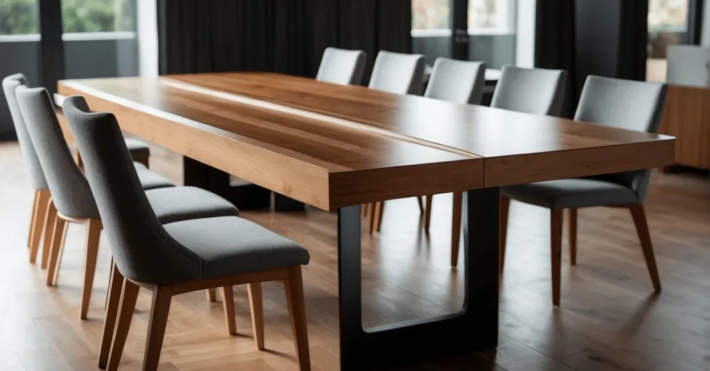 Discover the beauty of a modern wooden dining table.