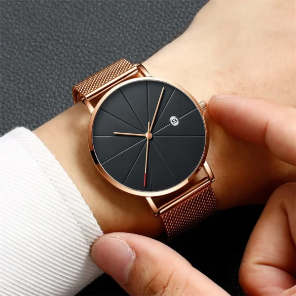 Precision and style converge in this black minimalist watch.