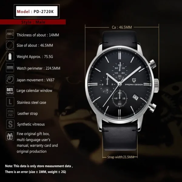 PAGANI DESIGN Mens Watches Top Brand Luxury Waterproof 30M Genuine Leather Japanese VK67 Movement Quartz Watch 1