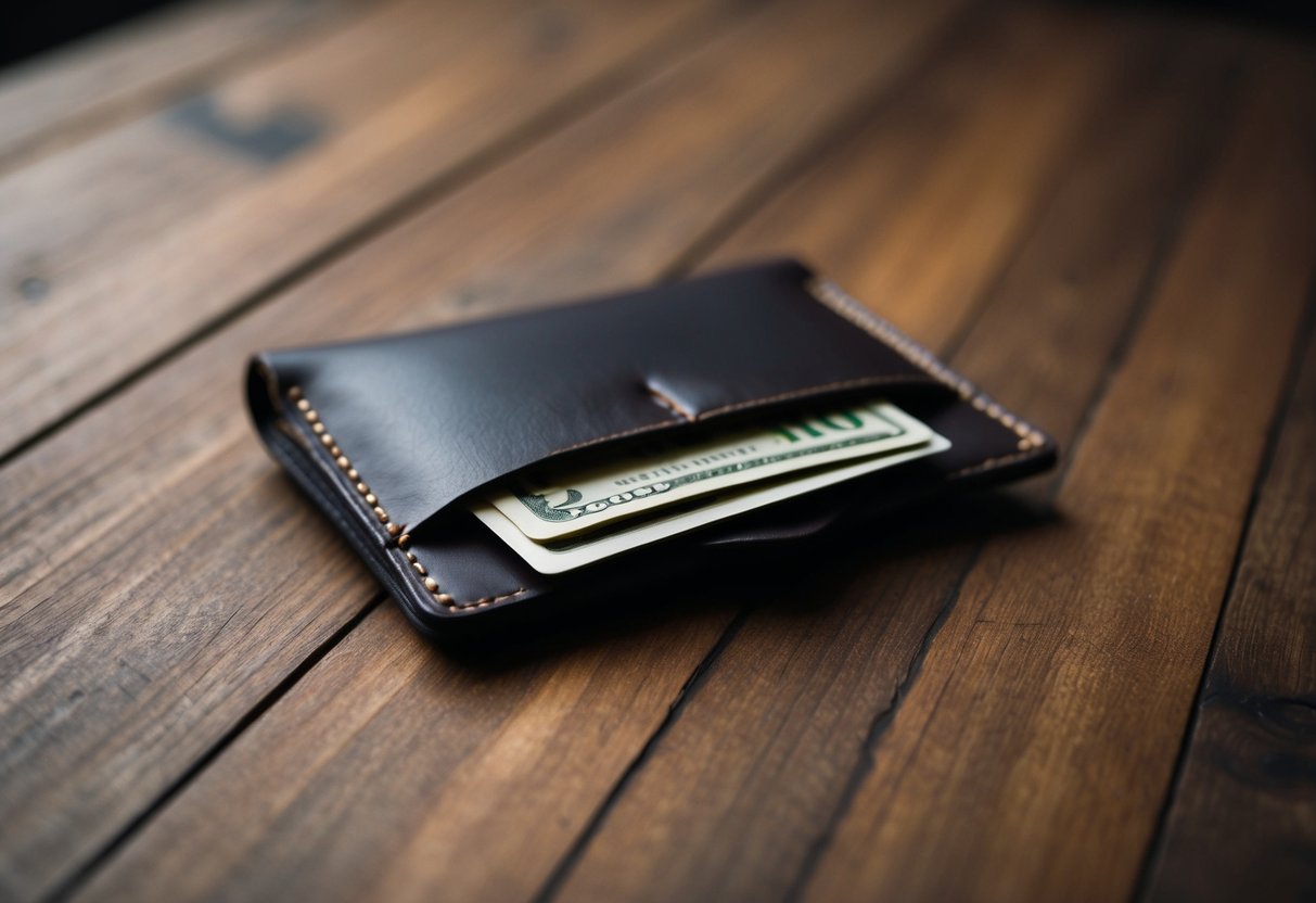 Leather Minimalist Wallet: Stylish Solutions for Modern Living 1 A leather minimalist wallet lying open on a wooden table, with a few bills and cards peeking out from the slots