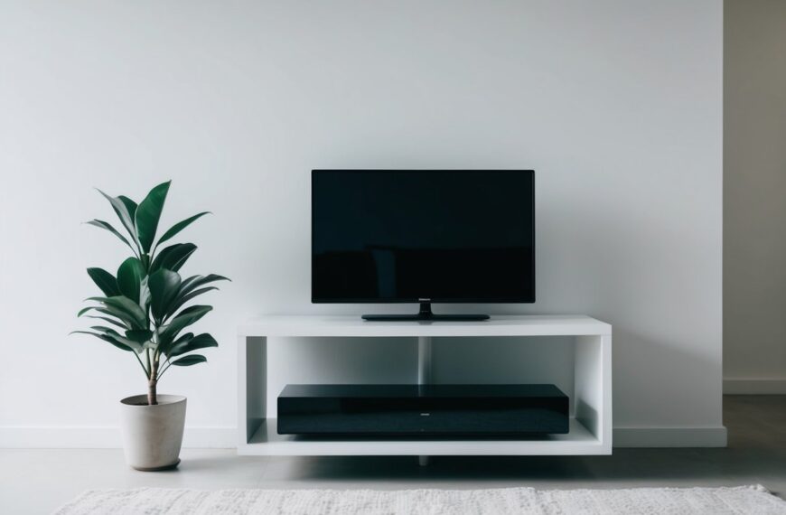 17 A sleek, simple TV stand against a white wall with a single potted plant next to it. Clean lines and minimal clutter