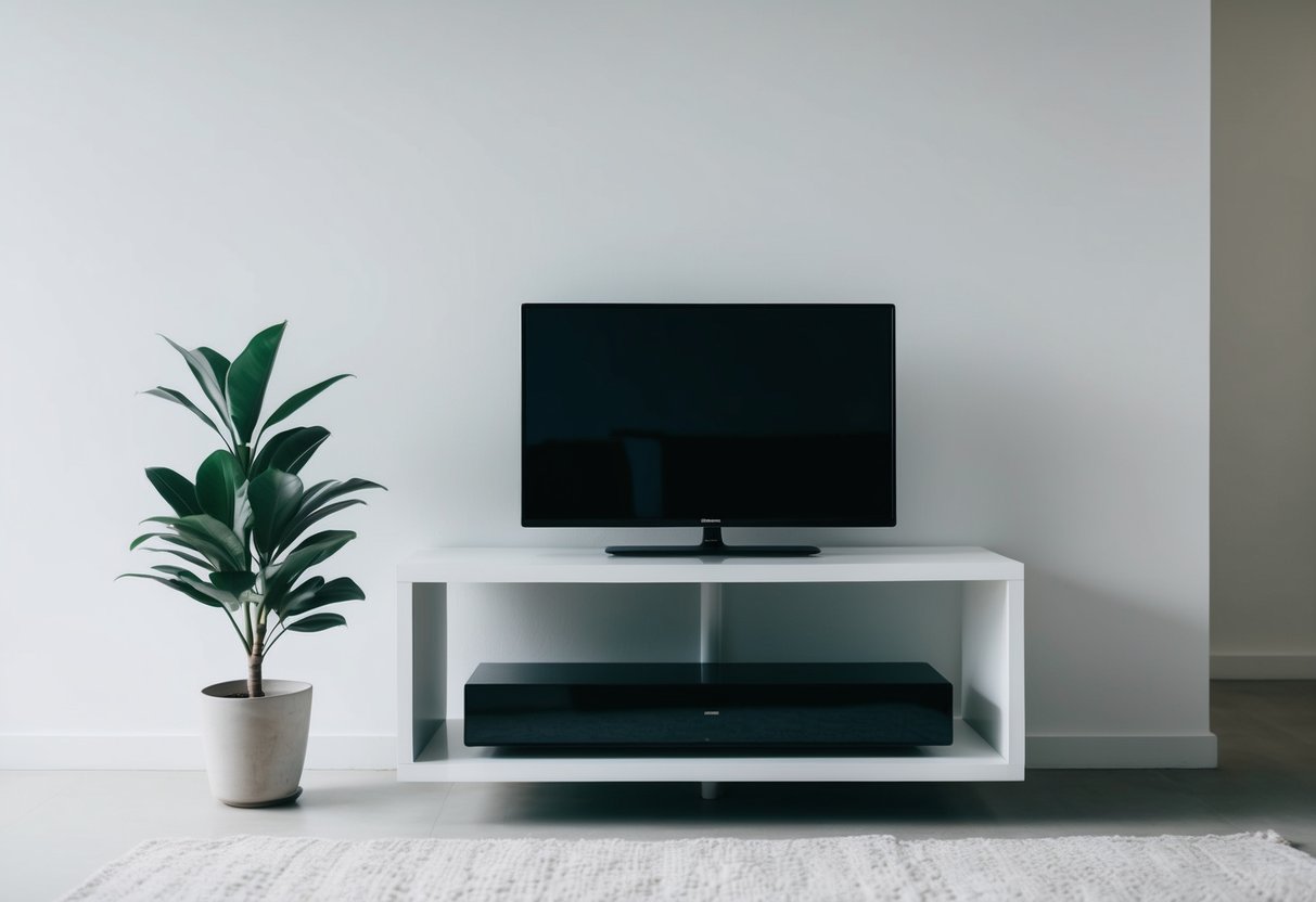 Minimalist TV Stand: The Perfect Blend of Style and Functionality 1 A sleek, simple TV stand against a white wall with a single potted plant next to it. Clean lines and minimal clutter