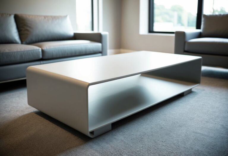 Minimalist Coffee Table: Transform Your Living Space with Simple Elegance 3 A sleek, rectangular coffee table with clean lines and a smooth, matte finish. Made of light-colored wood or metal