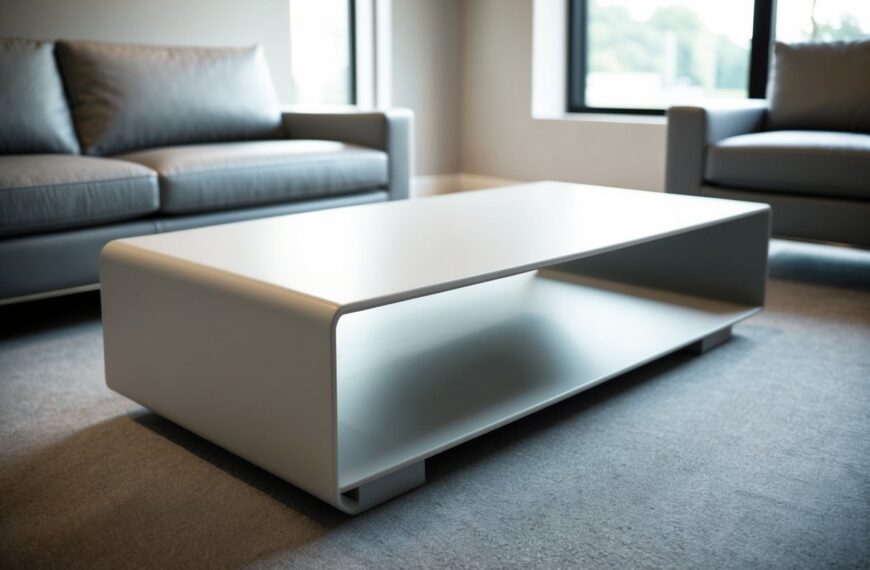 43 A sleek, rectangular coffee table with clean lines and a smooth, matte finish. Made of light-colored wood or metal