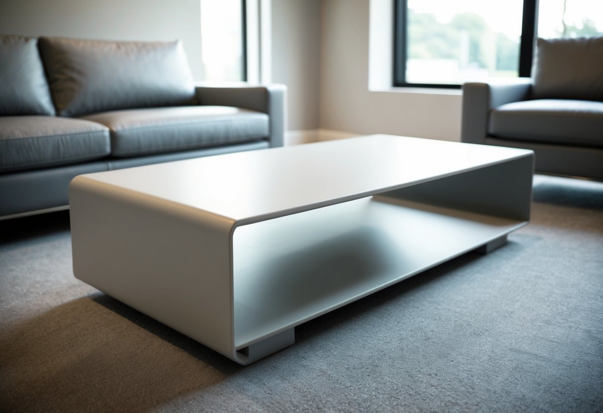 Minimalist Coffee Table: Transform Your Living Space with Simple Elegance 1 A sleek, rectangular coffee table with clean lines and a smooth, matte finish. Made of light-colored wood or metal