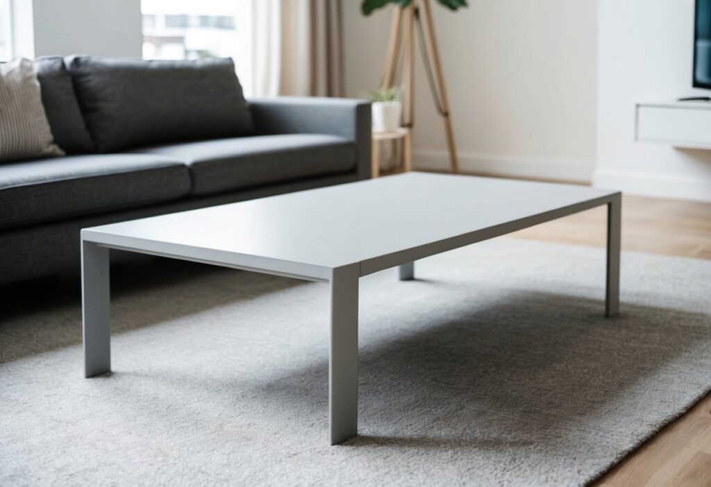 Minimalist Coffee Table: Transform Your Living Space with Simple Elegance 2 A simple, rectangular minimalist coffee table with clean lines and a smooth surface. It sits in a well-lit, modern living room with minimal decor
