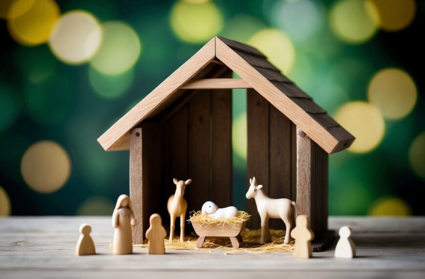 41 A simple wooden stable with a sloped roof, housing a small manger with a baby and two animals, surrounded by a few basic figures