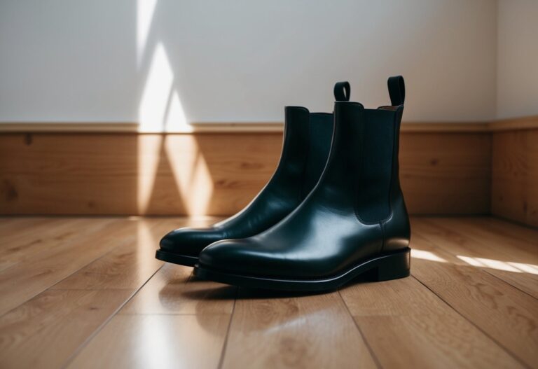 A pair of sleek, black minimalist boots placed neatly on a wooden floor, with a single shaft of light casting a subtle shadow