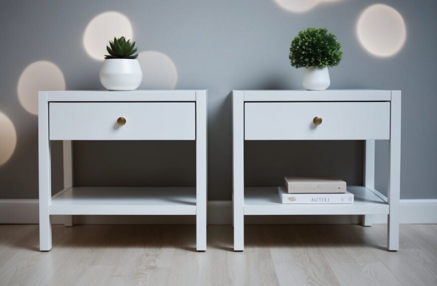 33 Two simple, modern nightstands with clean lines and minimal decoration. Each has a single drawer and a small open shelf