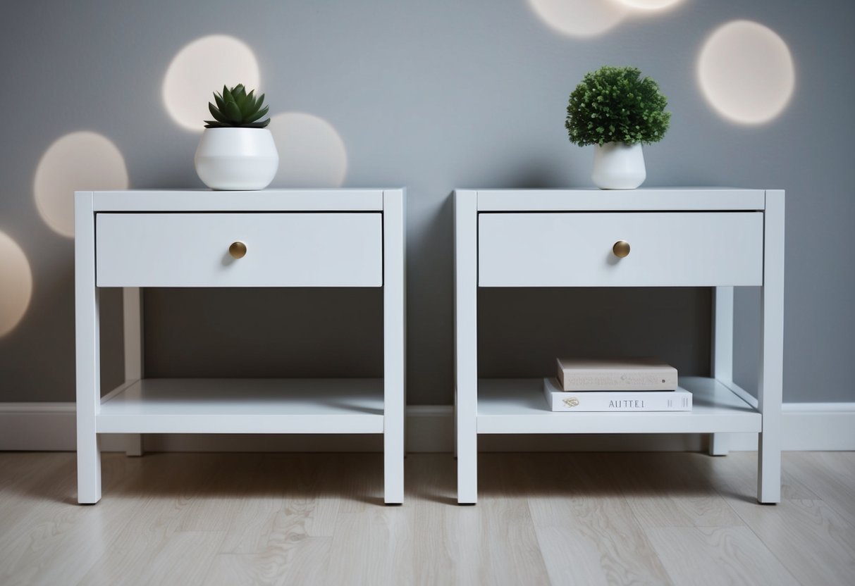 Minimalist Nightstands: Elevate Your Bedroom Decor with Simple Elegance 1 Two simple, modern nightstands with clean lines and minimal decoration. Each has a single drawer and a small open shelf