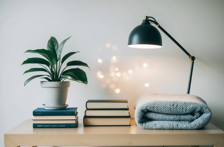 47 A simple, clutter-free room with a few essential items - a potted plant, a sleek lamp, a stack of books, and a neatly folded blanket