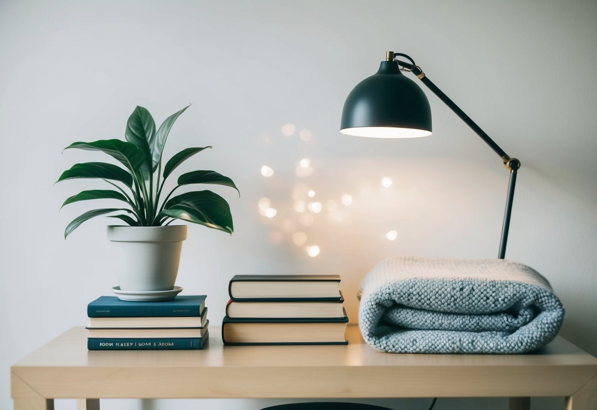 A simple, clutter-free room with a few essential items - a potted plant, a sleek lamp, a stack of books, and a neatly folded blanket