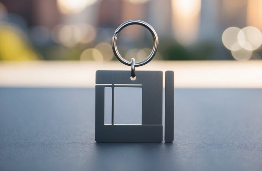 87 A sleek, metal keychain with clean lines and simple geometric shapes, made from high-quality stainless steel or brass