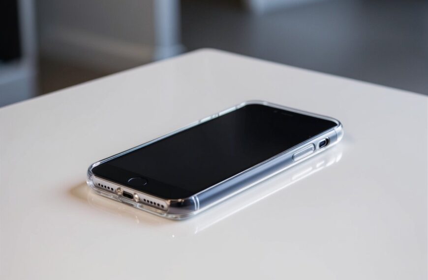 85 A sleek iPhone rests on a white surface, encased in a minimalist, clear cover. The clean lines and simple design of the case emphasize the phone's modern aesthetic