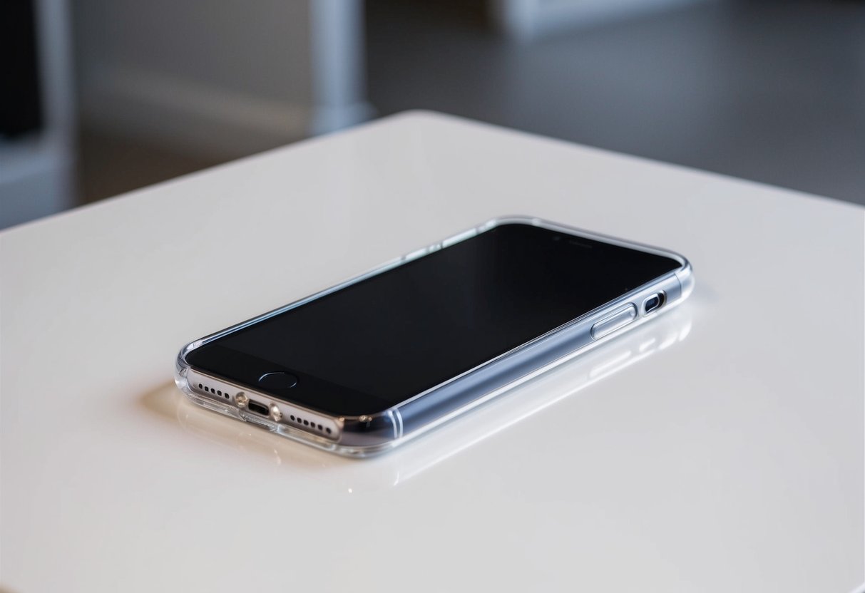 A sleek iPhone rests on a white surface, encased in a minimalist, clear cover. The clean lines and simple design of the case emphasize the phone's modern aesthetic
