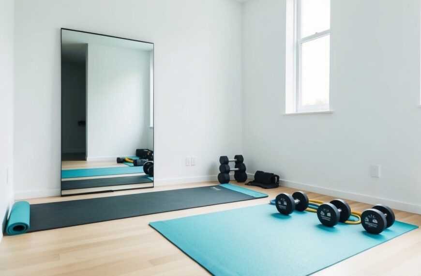 17 A bright, open space with a yoga mat, dumbbells, and resistance bands neatly organized against a white wall. A large mirror reflects the simplicity of the minimalist home gym
