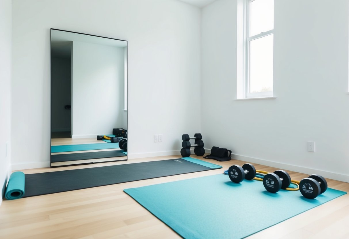 A bright, open space with a yoga mat, dumbbells, and resistance bands neatly organized against a white wall. A large mirror reflects the simplicity of the minimalist home gym