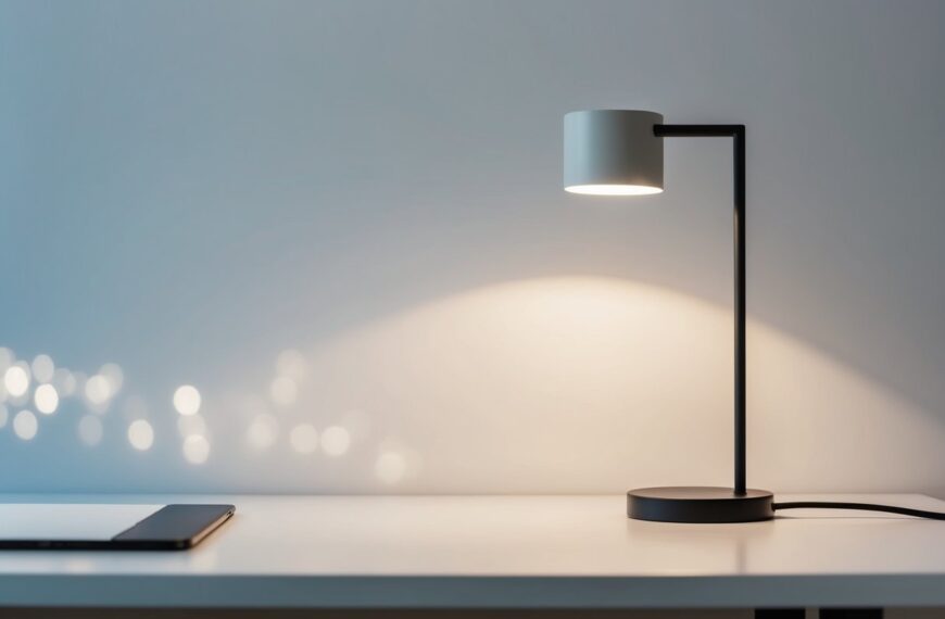 31 A simple, modern desk lamp with a slim, straight stand and a small, circular lampshade, casting a soft, focused light onto a clean, uncluttered desk