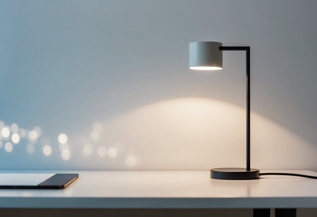 Minimalist Desk Lamp: Sleek Designs for Modern Workspaces 1 A simple, modern desk lamp with a slim, straight stand and a small, circular lampshade, casting a soft, focused light onto a clean, uncluttered desk
