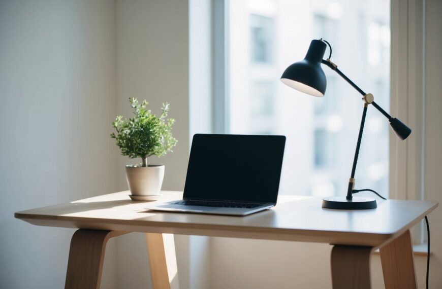 43 A sleek, uncluttered desk with a single laptop, a small potted plant, and a modern desk lamp. The desk is made of light-colored wood and is bathed in natural light from a nearby window