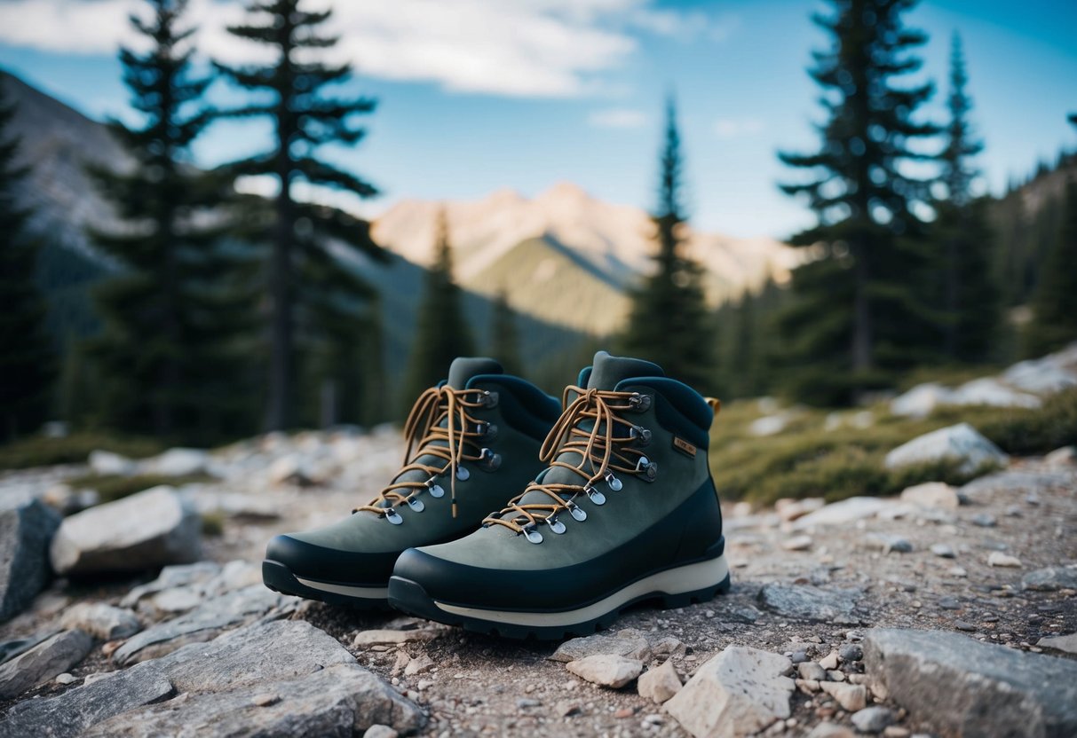 A pair of minimalist hiking boots placed on a rocky trail, surrounded by pine trees and a mountainous landscape in the background