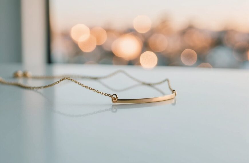 89 A minimalist gold necklace resting on a clean, white surface with soft, natural lighting