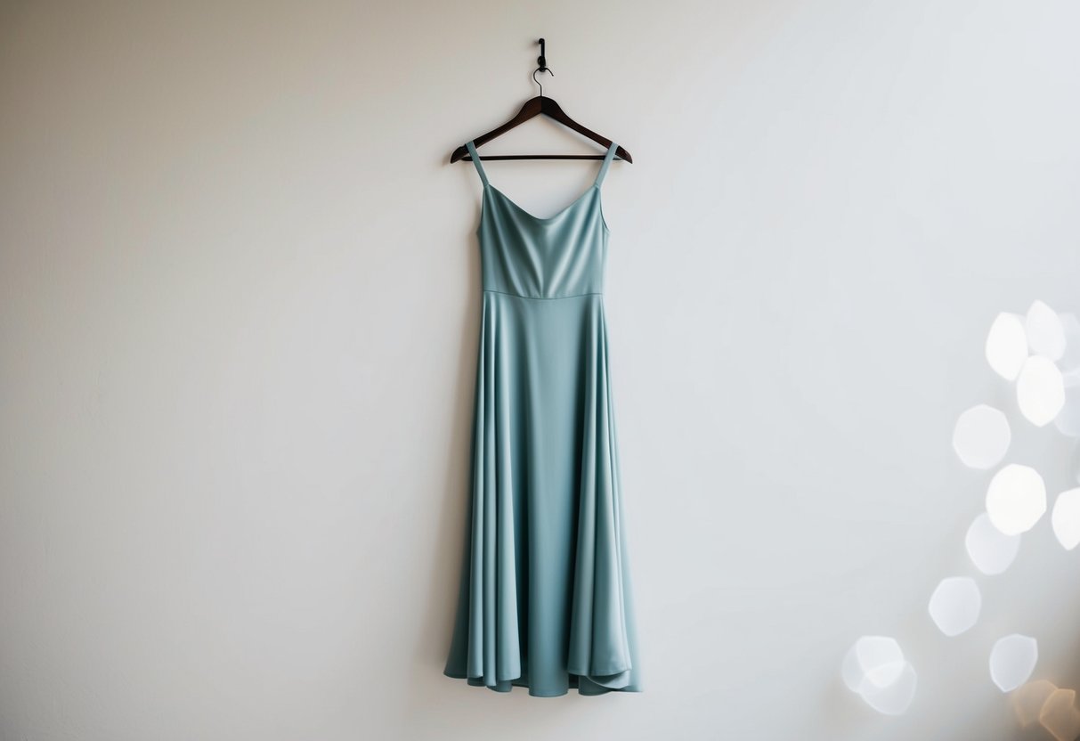 A simple, flowing dress hangs on a sleek hanger against a blank wall