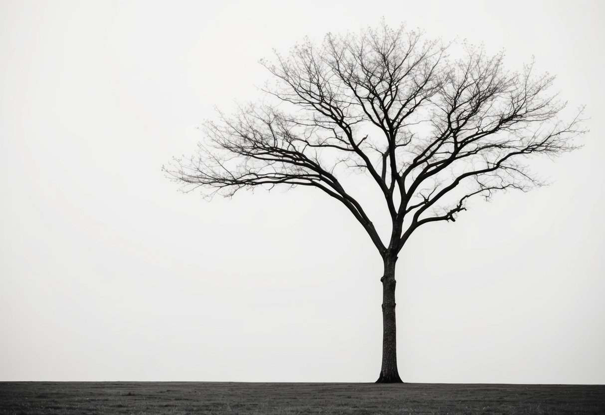 Black and White Minimalist Art: A Guide to Its Aesthetic and Impact 1 A lone tree standing against a stark white background, with its branches reaching out in a minimalist composition