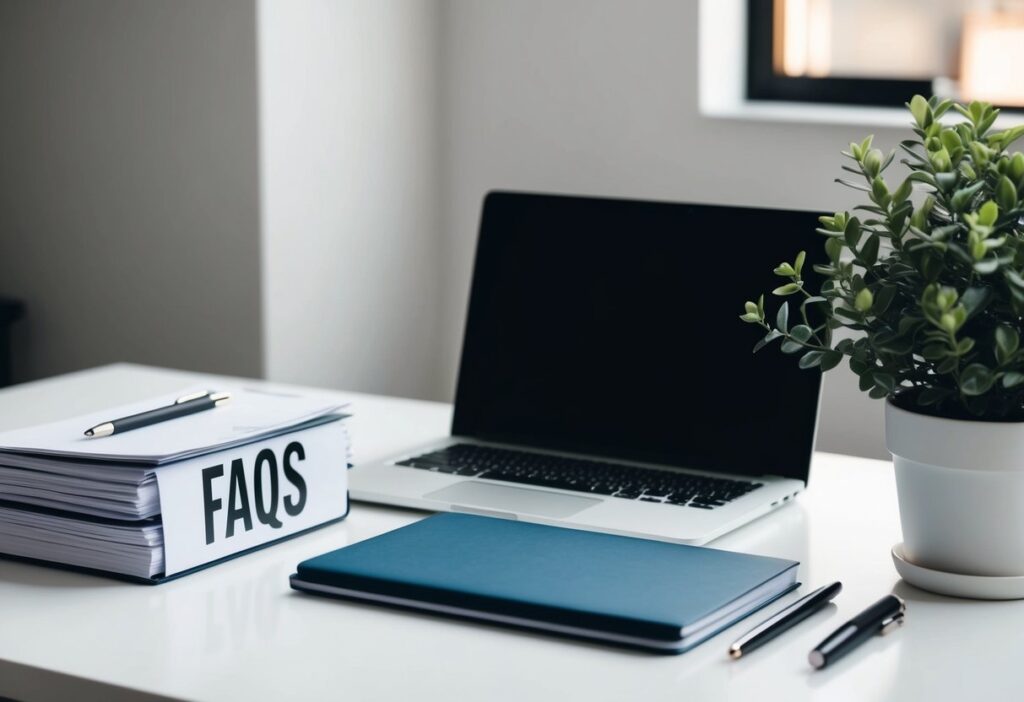 Black and White Minimalist Art: A Guide to Its Aesthetic and Impact 3 A simple, clean desk with a laptop, notebook, and pen. A stack of papers labeled "FAQs" sits next to a potted plant