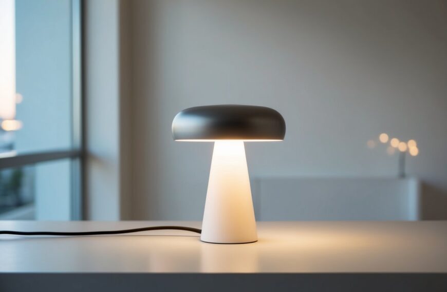 35 A simple, sleek lamp on a clean, uncluttered surface, casting a soft glow in a modern, minimalist space