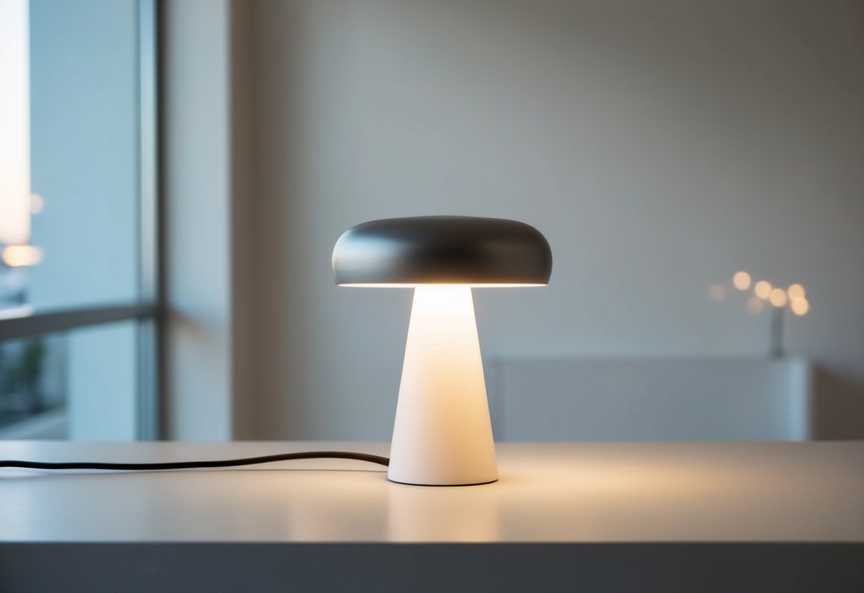 Minimalist Lamp: The Perfect Blend of Style and Functionality 1 A simple, sleek lamp on a clean, uncluttered surface, casting a soft glow in a modern, minimalist space