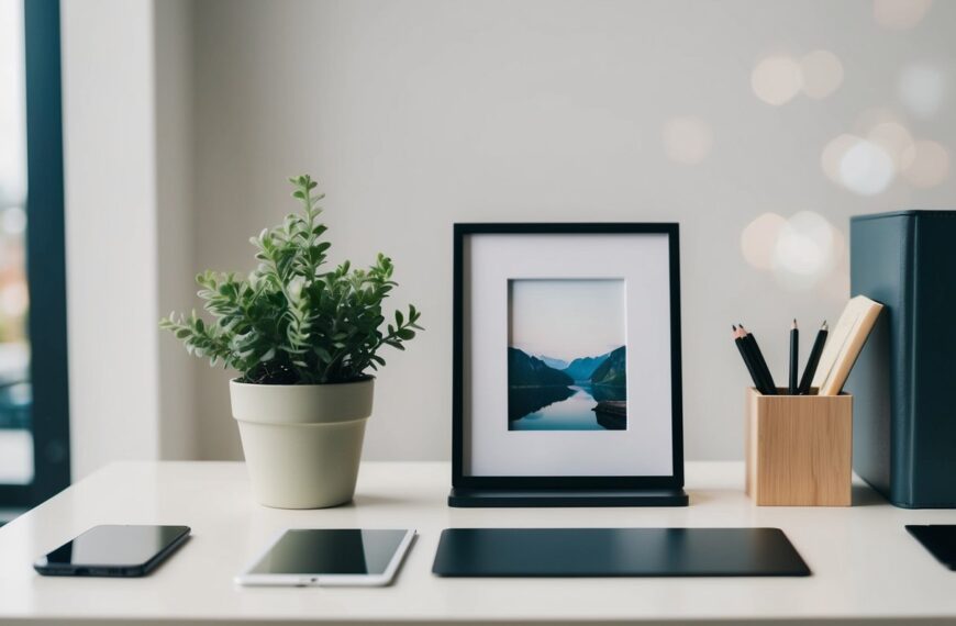 33 A simple desk with a potted plant, small picture frame, and sleek desk organizer