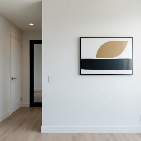 A simple, clean room with a single piece of abstract wall art. The decor is minimalist, with neutral colors and clean lines