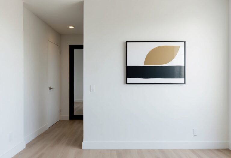 Minimalist Wall Decor: Elevate Your Space with Simple Elegance 6 A simple, clean room with a single piece of abstract wall art. The decor is minimalist, with neutral colors and clean lines
